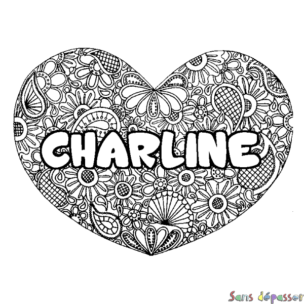 Coloriage prénom CHARLINE - d&eacute;cor Mandala coeur