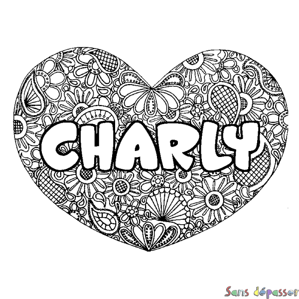 Coloriage pr&eacute;nom CHARLY - d&eacute;cor Mandala coeur