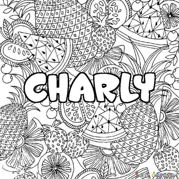 Coloriage pr&eacute;nom CHARLY - d&eacute;cor Mandala fruits