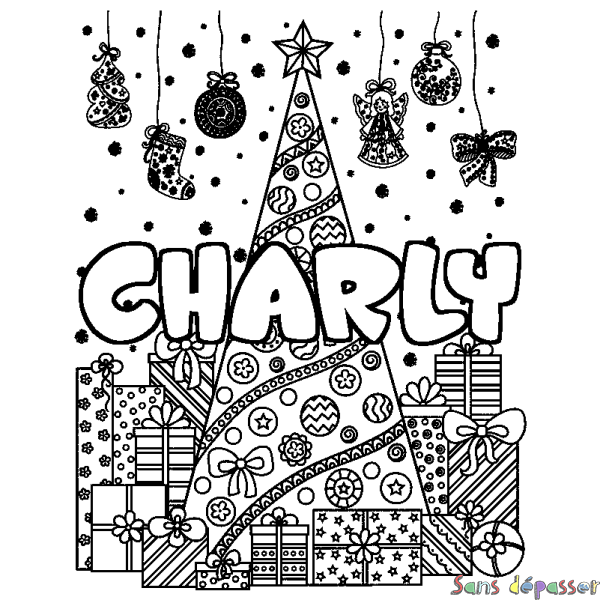 Coloriage pr&eacute;nom CHARLY - d&eacute;cor Sapin et Cadeaux