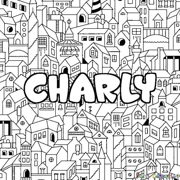 Coloriage pr&eacute;nom CHARLY - d&eacute;cor Ville
