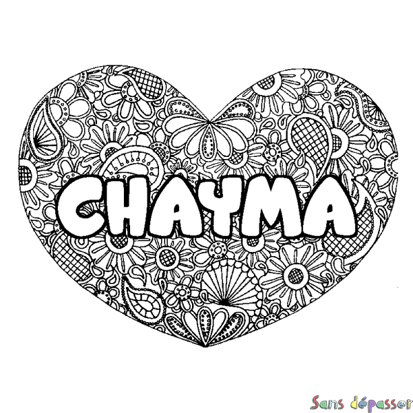 Coloriage pr&eacute;nom CHAYMA - d&eacute;cor Mandala coeur