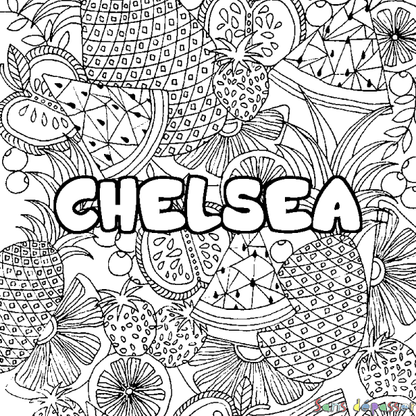 Coloriage prénom CHELSEA - d&eacute;cor Mandala fruits