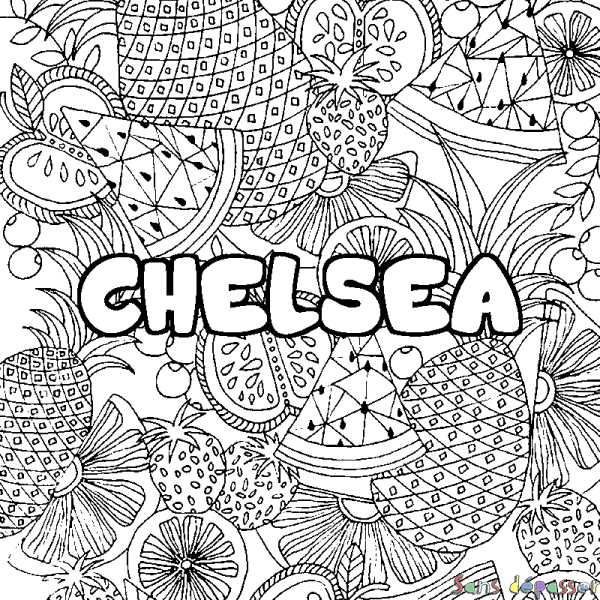 Coloriage pr&eacute;nom CHELSEA - d&eacute;cor Mandala fruits