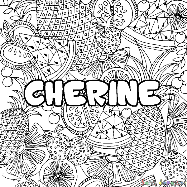 Coloriage pr&eacute;nom CHERINE - d&eacute;cor Mandala fruits