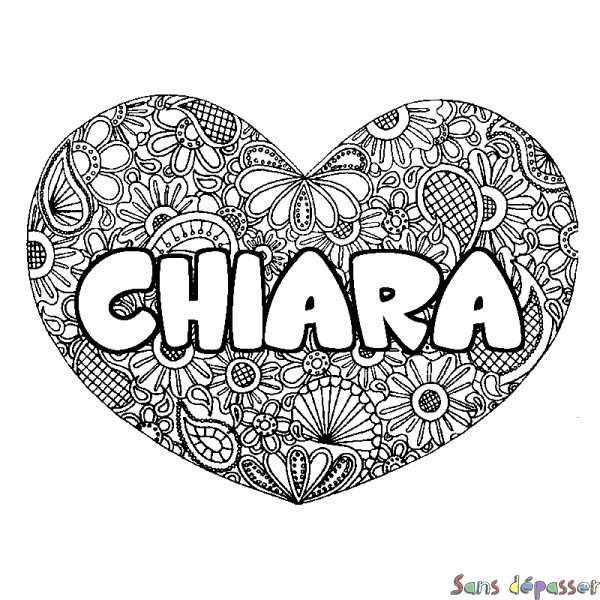 Coloriage pr&eacute;nom CHIARA - d&eacute;cor Mandala coeur