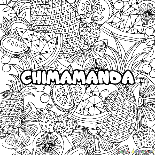 Coloriage prénom CHIMAMANDA - d&eacute;cor Mandala fruits