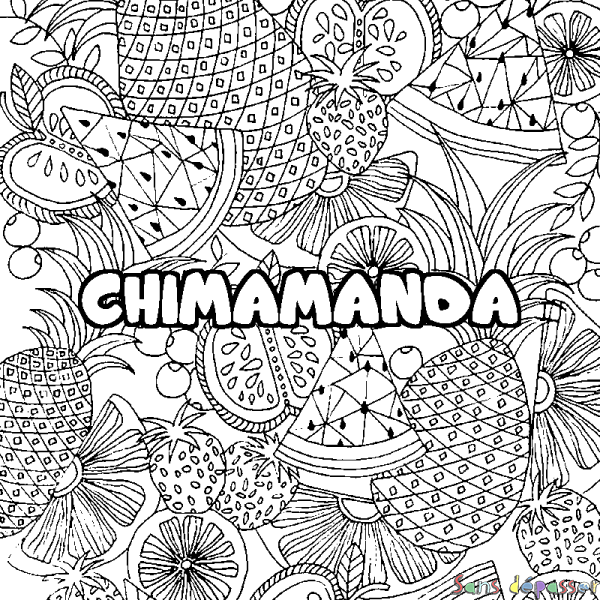 Coloriage pr&eacute;nom CHIMAMANDA - d&eacute;cor Mandala fruits