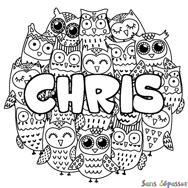 Coloriage pr&eacute;nom CHRIS - d&eacute;cor Chouettes