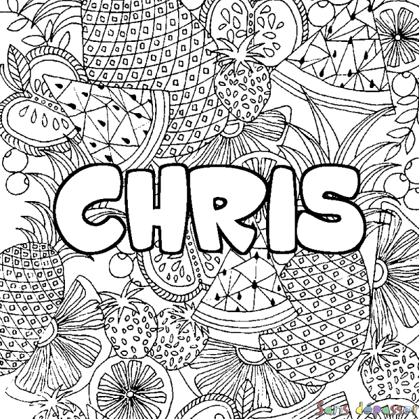 Coloriage pr&eacute;nom CHRIS - d&eacute;cor Mandala fruits