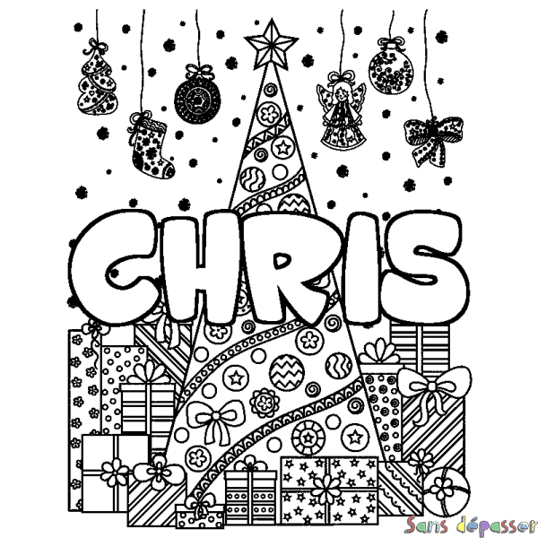 Coloriage pr&eacute;nom CHRIS - d&eacute;cor Sapin et Cadeaux
