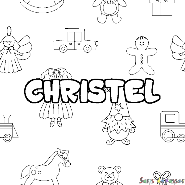 Coloriage pr&eacute;nom CHRISTEL - d&eacute;cor Jouets