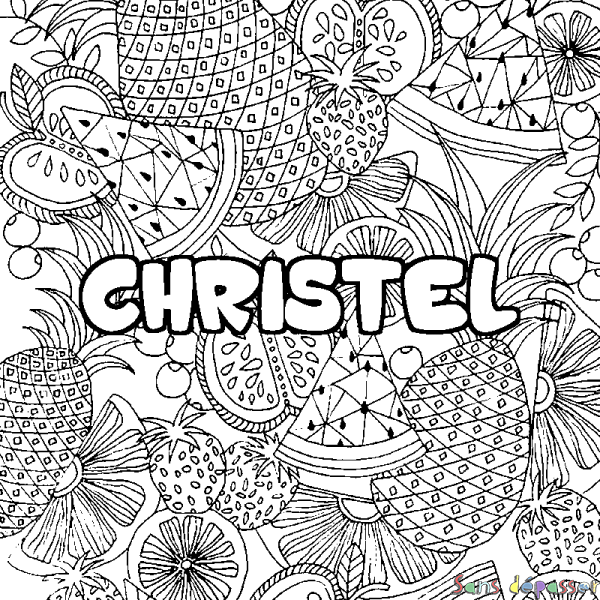 Coloriage pr&eacute;nom CHRISTEL - d&eacute;cor Mandala fruits