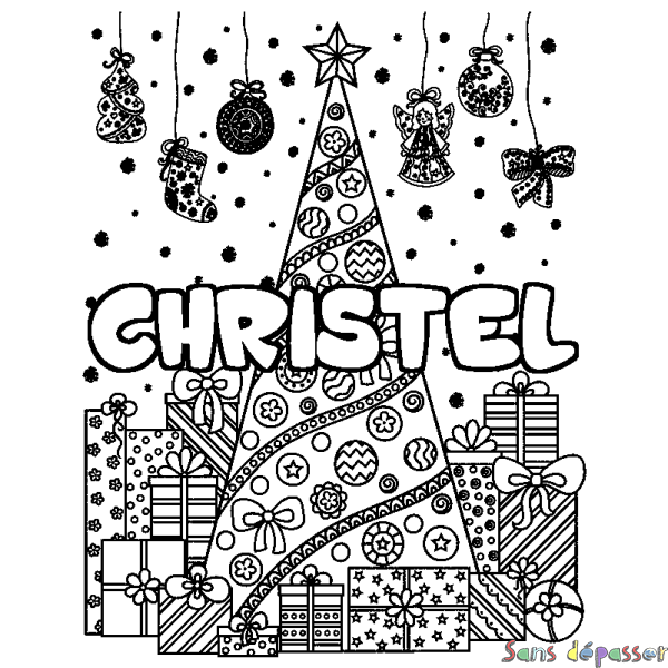 Coloriage pr&eacute;nom CHRISTEL - d&eacute;cor Sapin et Cadeaux