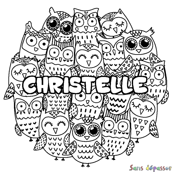 Coloriage pr&eacute;nom CHRISTELLE - d&eacute;cor Chouettes