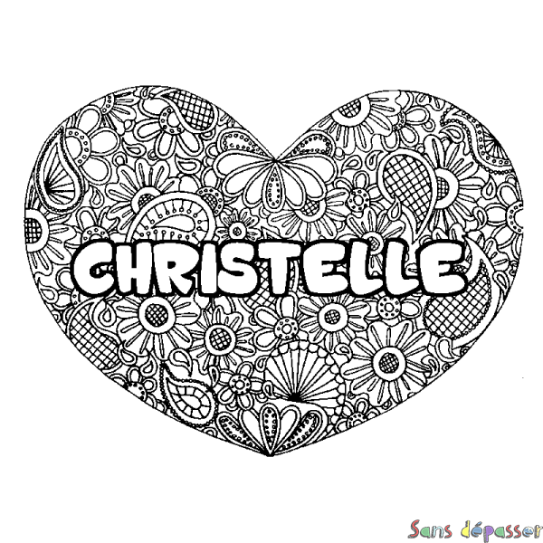 Coloriage pr&eacute;nom CHRISTELLE - d&eacute;cor Mandala coeur