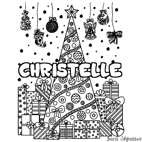 Coloriage pr&eacute;nom CHRISTELLE - d&eacute;cor Sapin et Cadeaux