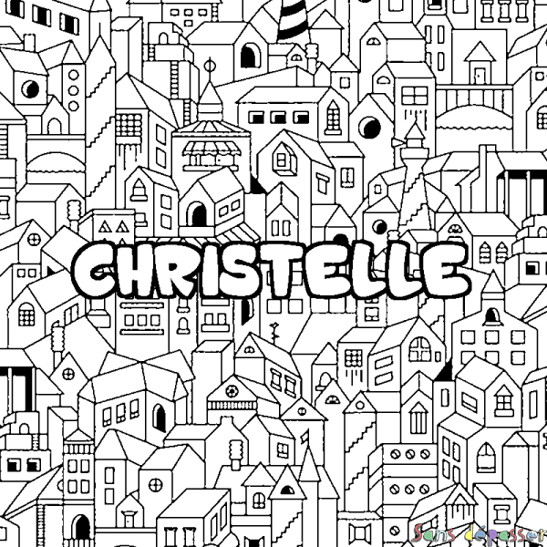Coloriage pr&eacute;nom CHRISTELLE - d&eacute;cor Ville