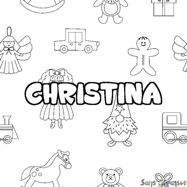 Coloriage pr&eacute;nom CHRISTINA - d&eacute;cor Jouets