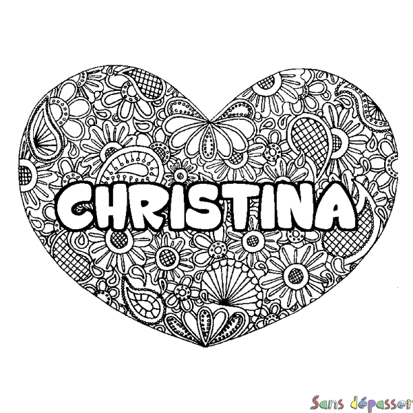Coloriage pr&eacute;nom CHRISTINA - d&eacute;cor Mandala coeur