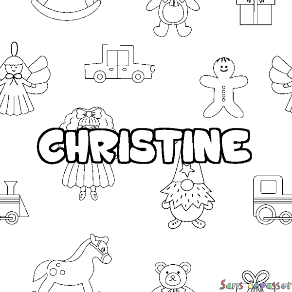 Coloriage pr&eacute;nom CHRISTINE - d&eacute;cor Jouets