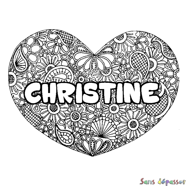 Coloriage pr&eacute;nom CHRISTINE - d&eacute;cor Mandala coeur