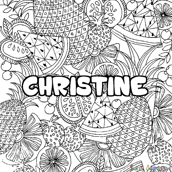 Coloriage pr&eacute;nom CHRISTINE - d&eacute;cor Mandala fruits