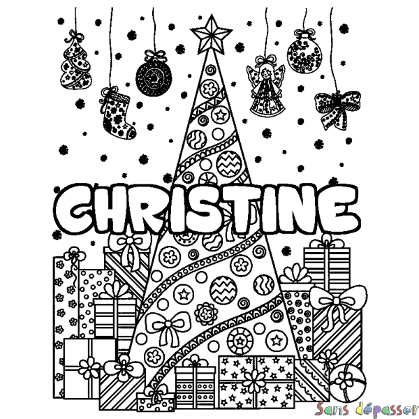 Coloriage pr&eacute;nom CHRISTINE - d&eacute;cor Sapin et Cadeaux