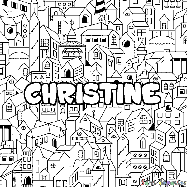 Coloriage pr&eacute;nom CHRISTINE - d&eacute;cor Ville