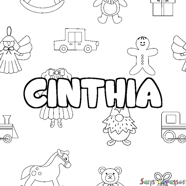 Coloriage pr&eacute;nom CINTHIA - d&eacute;cor Jouets