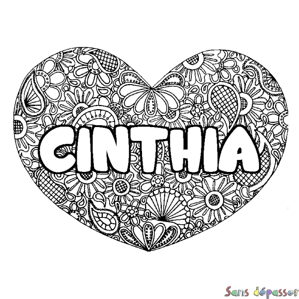 Coloriage prénom CINTHIA - d&eacute;cor Mandala coeur