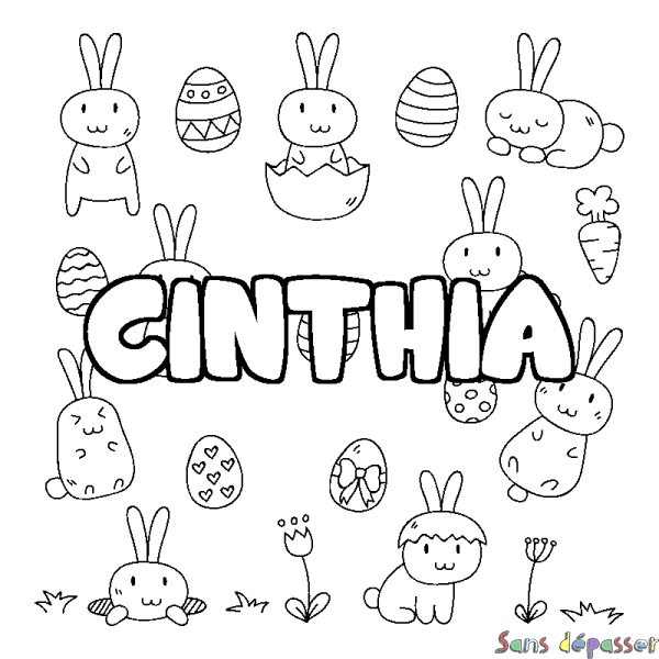 Coloriage pr&eacute;nom CINTHIA - d&eacute;cor Paques