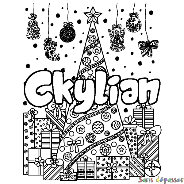 Coloriage prénom Ckylian - d&eacute;cor Sapin et Cadeaux
