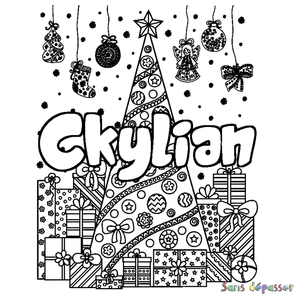 Coloriage pr&eacute;nom Ckylian - d&eacute;cor Sapin et Cadeaux