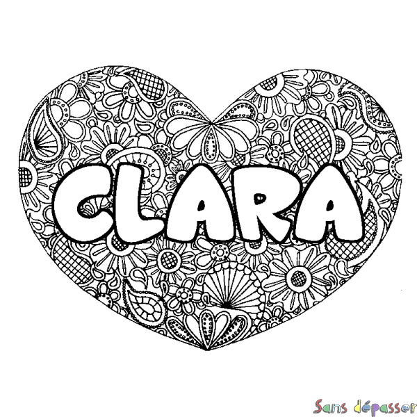 Coloriage prénom CLARA - d&eacute;cor Mandala coeur
