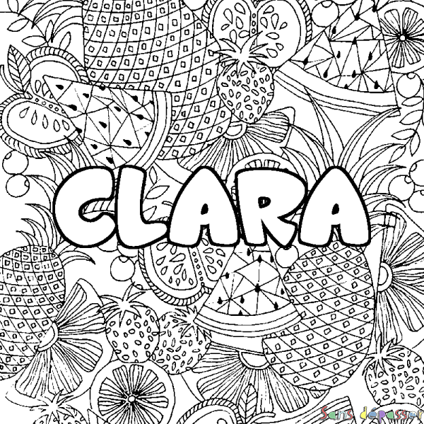 Coloriage pr&eacute;nom CLARA - d&eacute;cor Mandala fruits