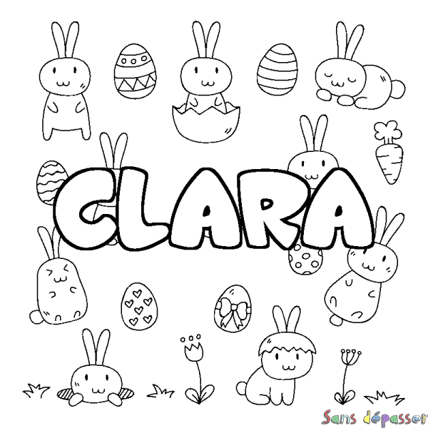 Coloriage pr&eacute;nom CLARA - d&eacute;cor Paques