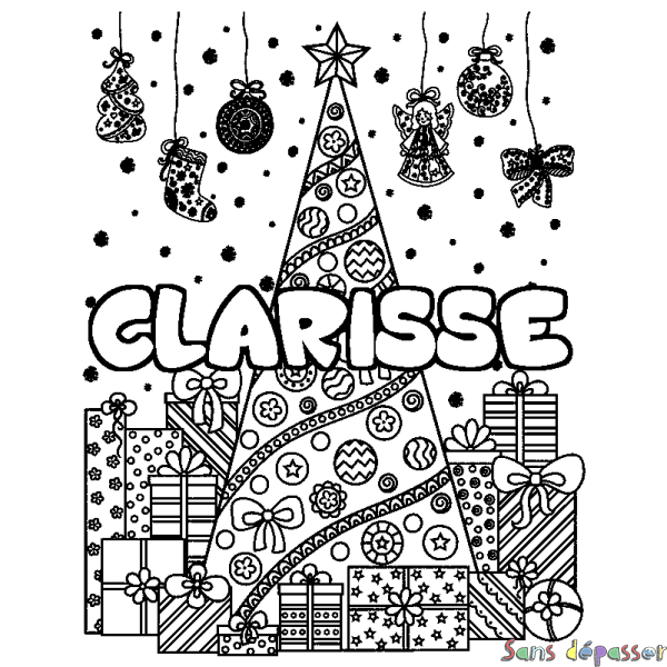 Coloriage prénom CLARISSE - d&eacute;cor Sapin et Cadeaux