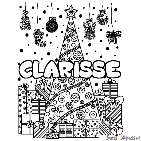 Coloriage pr&eacute;nom CLARISSE - d&eacute;cor Sapin et Cadeaux