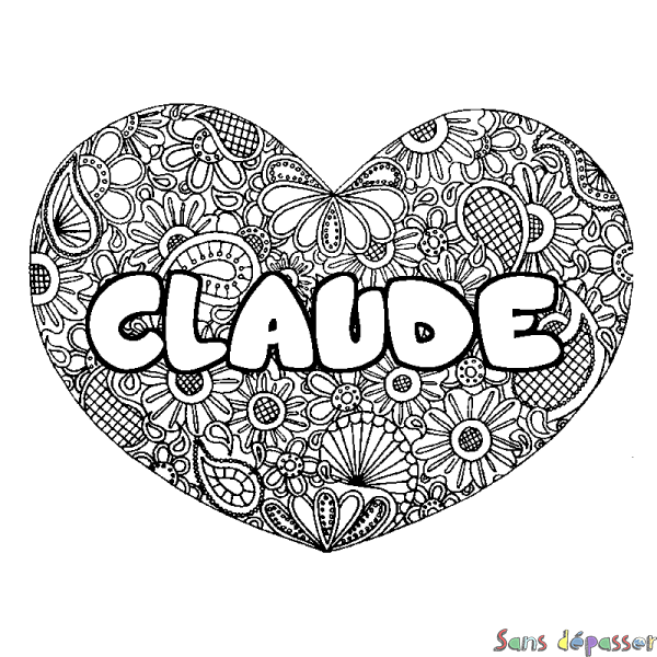 Coloriage prénom CLAUDE - d&eacute;cor Mandala coeur