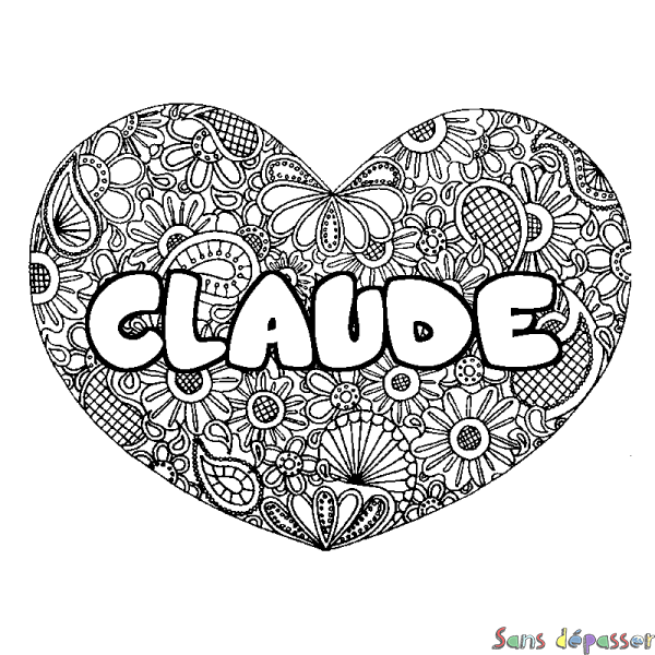 Coloriage pr&eacute;nom CLAUDE - d&eacute;cor Mandala coeur