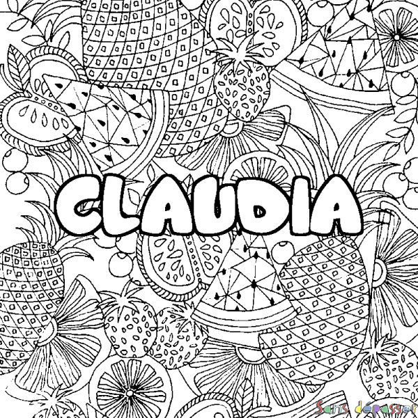 Coloriage pr&eacute;nom CLAUDIA - d&eacute;cor Mandala fruits
