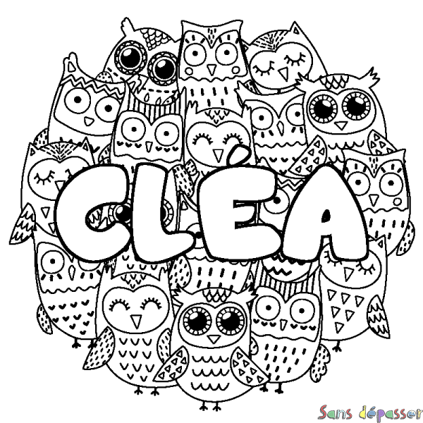 Coloriage pr&eacute;nom CL&Eacute;A - d&eacute;cor Chouettes