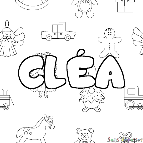 Coloriage pr&eacute;nom CL&Eacute;A - d&eacute;cor Jouets