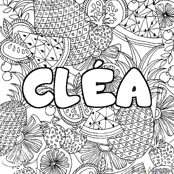 Coloriage pr&eacute;nom CL&Eacute;A - d&eacute;cor Mandala fruits