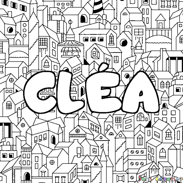 Coloriage pr&eacute;nom CL&Eacute;A - d&eacute;cor Ville