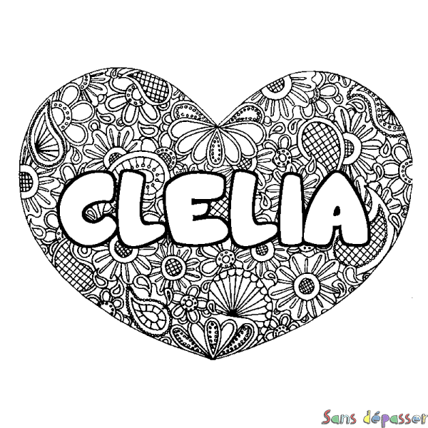 Coloriage pr&eacute;nom CLELIA - d&eacute;cor Mandala coeur