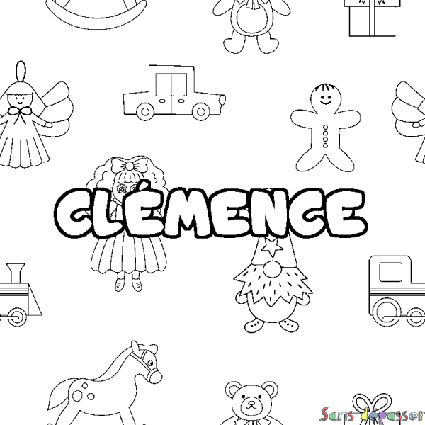 Coloriage pr&eacute;nom CL&Eacute;MENCE - d&eacute;cor Jouets