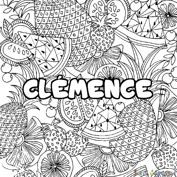 Coloriage pr&eacute;nom CL&Eacute;MENCE - d&eacute;cor Mandala fruits