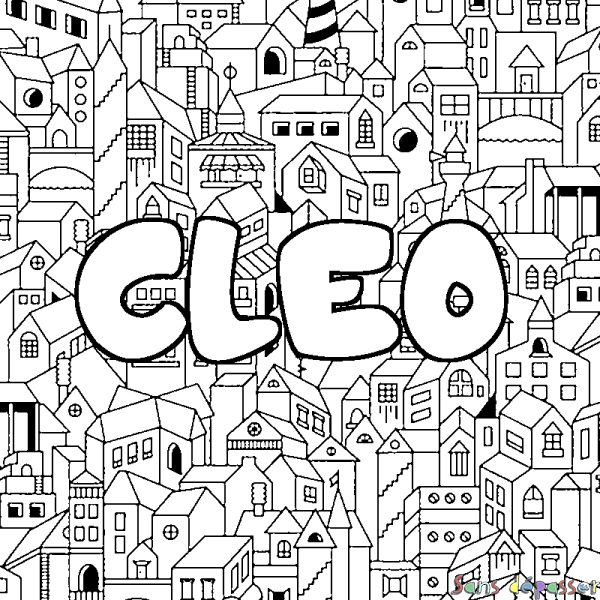 Coloriage pr&eacute;nom CLEO - d&eacute;cor Ville